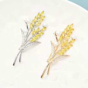 Pearl Yellow Wheat Brooches For Women Unisex Luxury Cubic Zirconia